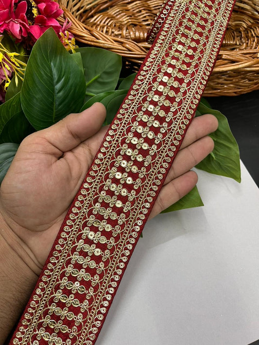 Sabyasachi Inspired Embroidered Laces for Sarees & Dresses – Luxury Designer Border for Ethnic & Couture Wear (9 Meter, 2 Inch Width) | Maroon