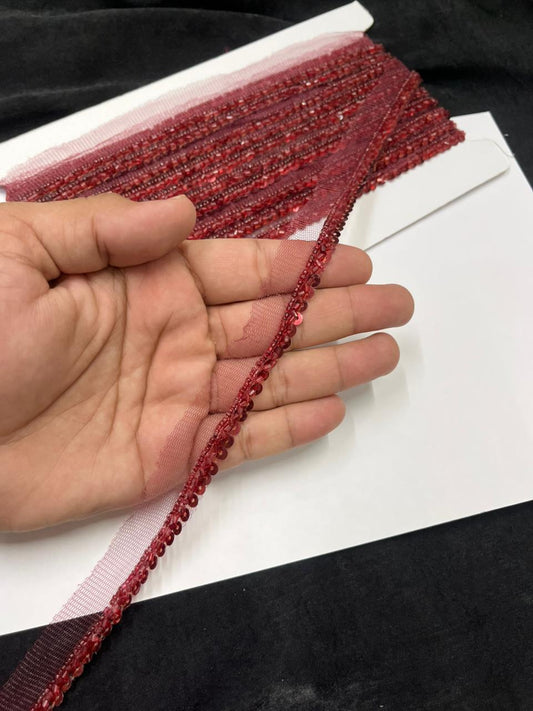 Handmade Sequins Lace Trim for Sarees, Blouses & Dresses – Narrow Handwork Embroidered Lace Border (1 cm) | Maroon