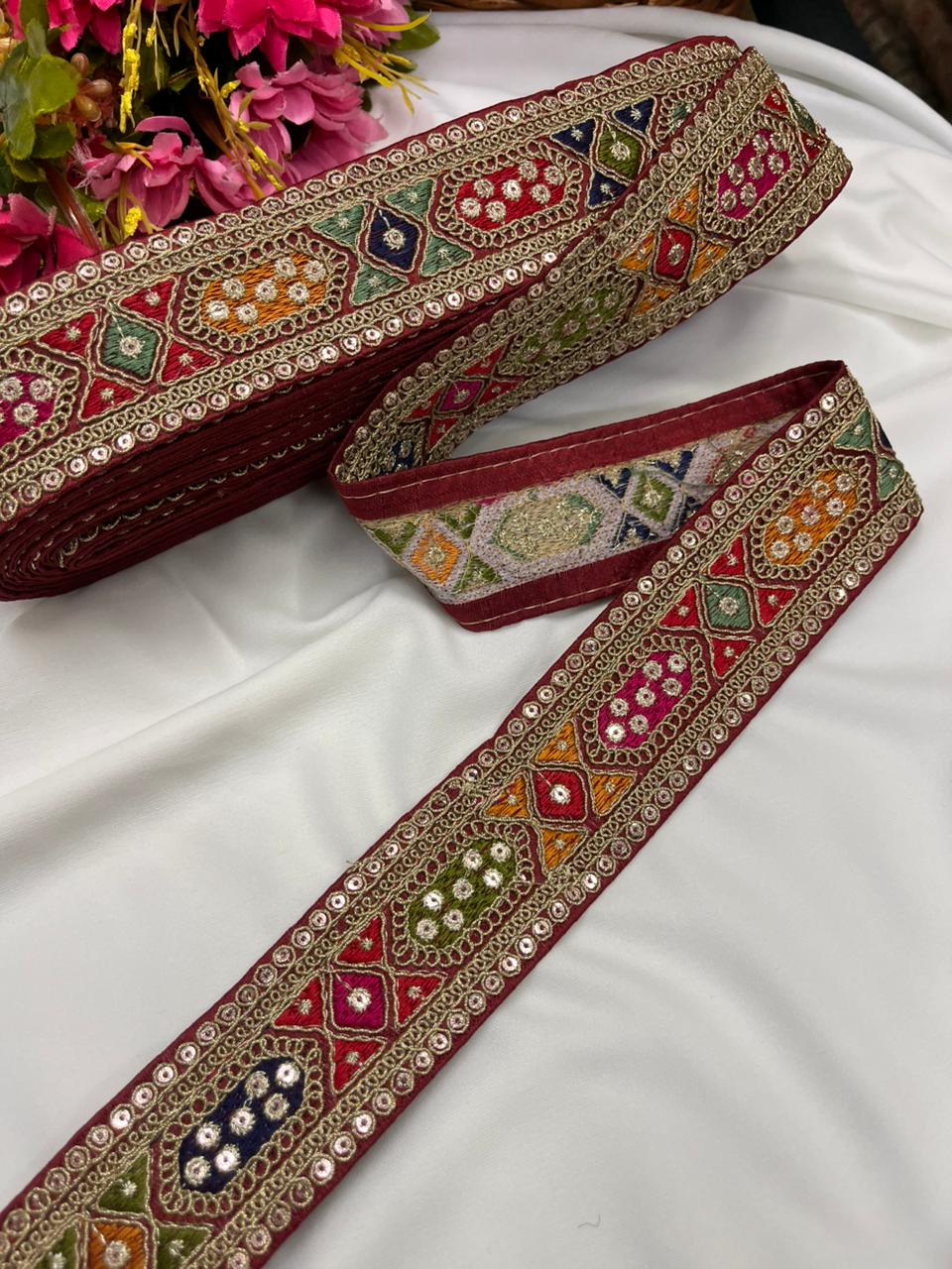 Sabyasachi Style Embroidered Designer Saree Lace Border – Luxury Ethnic Embroidery Lace for Sarees, Blouses & Lehengas | Maroon