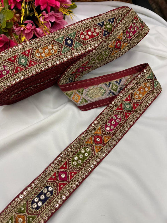 Sabyasachi Style Embroidered Designer Saree Lace Border – Luxury Ethnic Embroidery Lace for Sarees, Blouses & Lehengas | Maroon