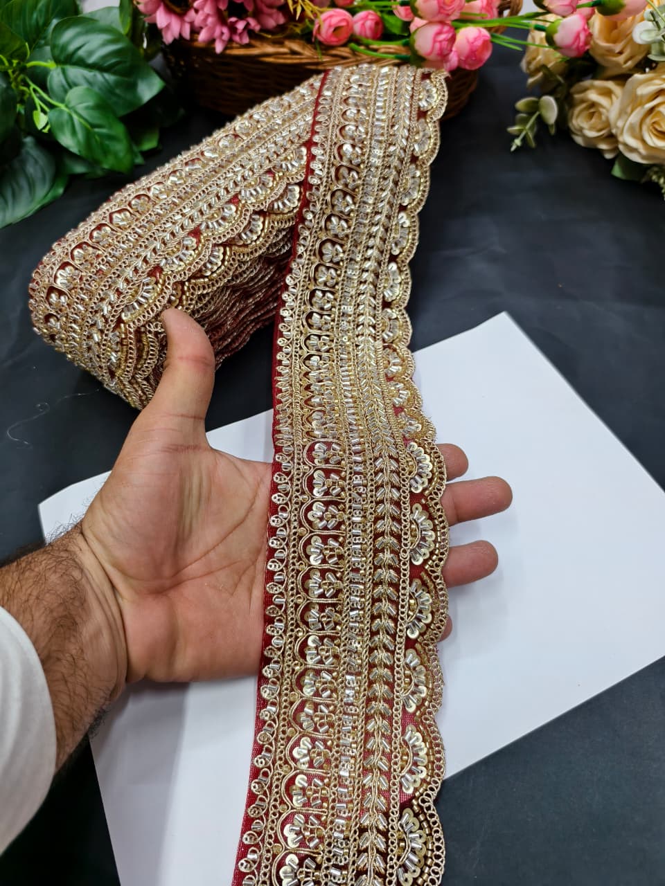 Exclusive Flower Embroidered Saree Lace Design – Premium Maggam Work Lace Border for Ethnic Wear | Maroon