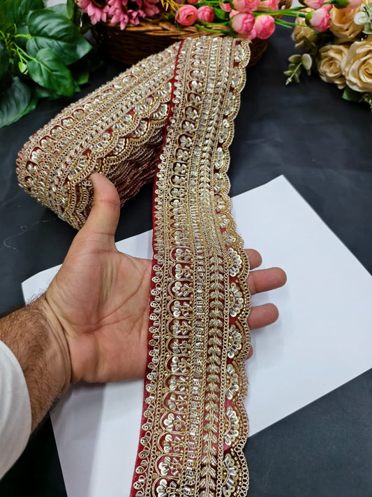 Exclusive Flower Embroidered Saree Lace Design – Premium Maggam Work Lace Border for Ethnic Wear | Maroon