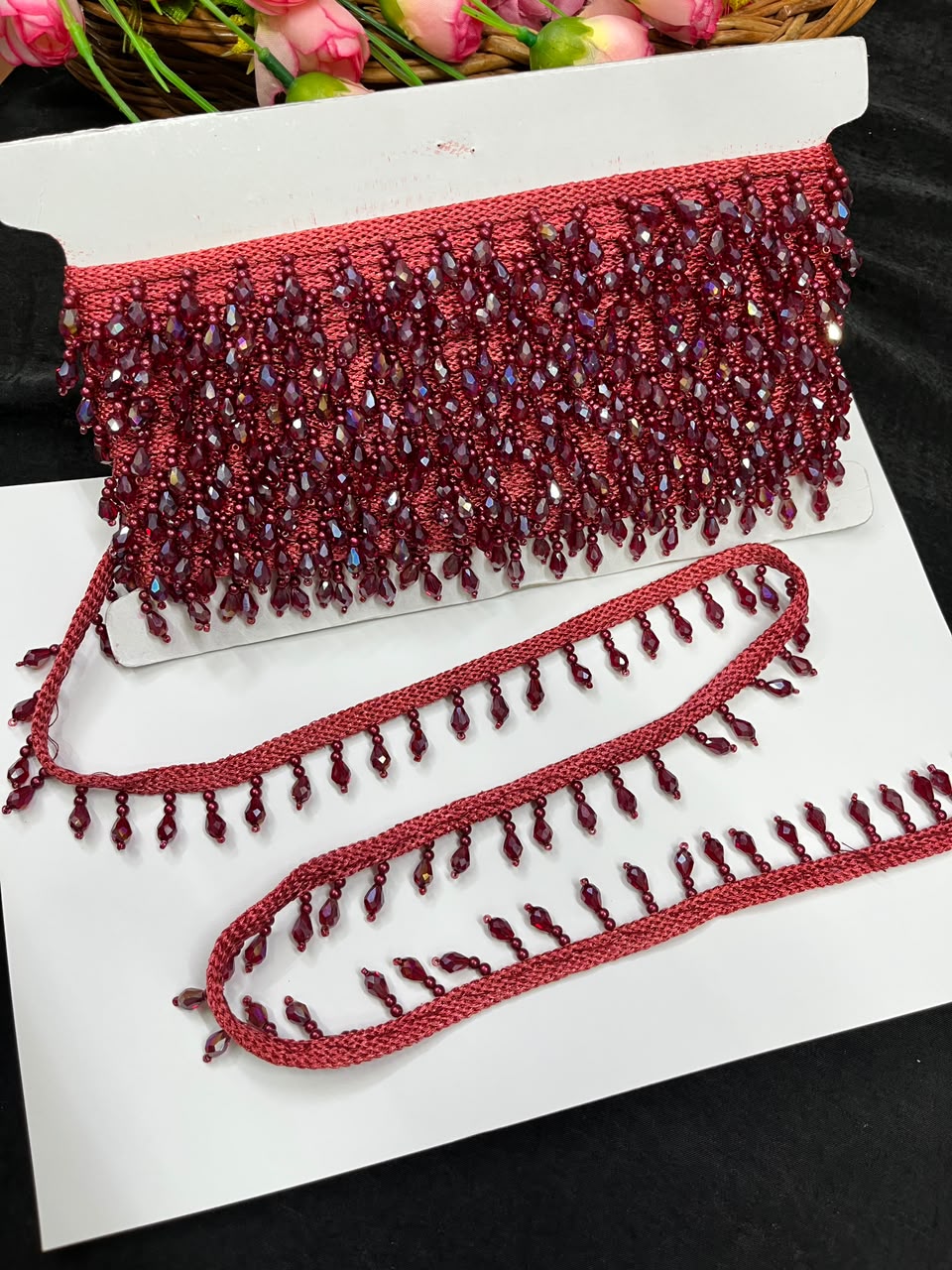 Crystal Drop Latkan Lace for Dupattas, Blouses, Sarees & Lehengas – Designer Hanging Crystal Lace Border (1 Inch) | DC1047 | Maroon