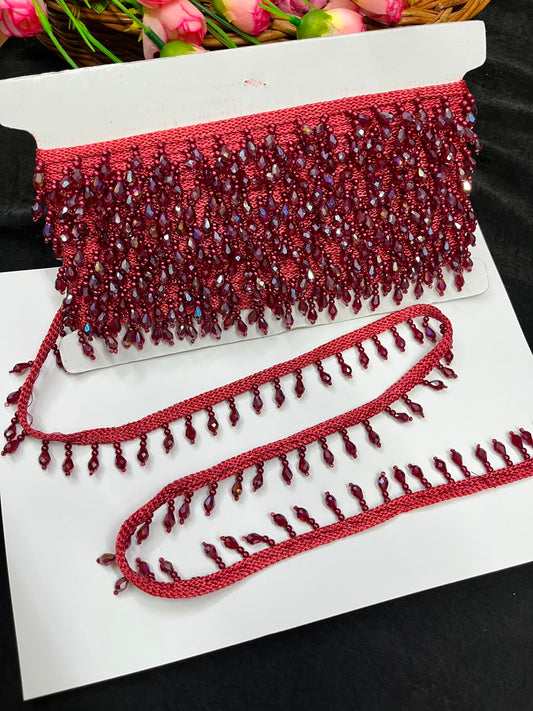 Crystal Drop Latkan Lace for Dupattas, Blouses, Sarees & Lehengas – Designer Hanging Crystal Lace Border (1 Inch) | DC1047 | Maroon