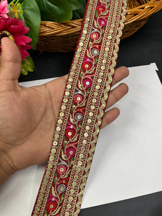 Sabyasachi Inspired Embroidery Lace Border for Sarees & Lehengas (9 Meter) – 2 Inch Width | Maroon
