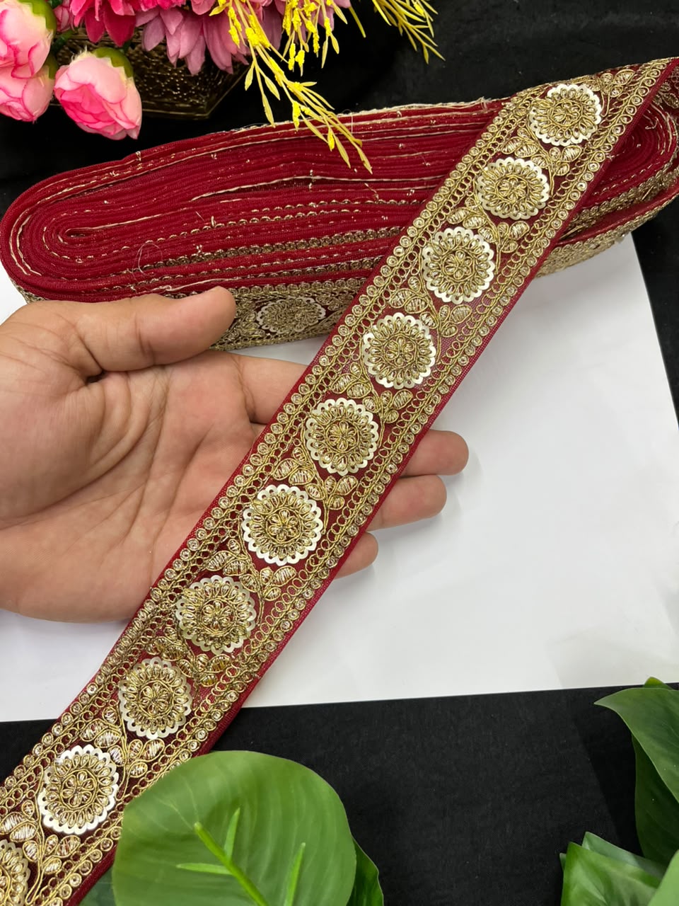 Golden Zari Embroidered Lace on Net Fabric for Sarees, Lehengas & Dupattas – Designer Embroidered Lace Border (1.5 Inch) | Maroon