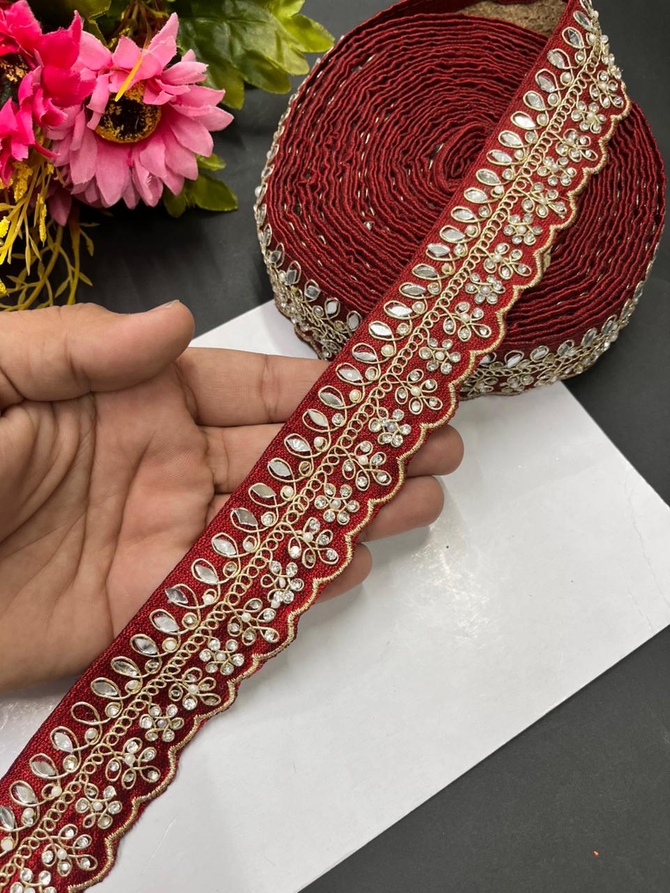 Luxurious Mirror Work with Diamond Laces – Designer Maggam Work Borders for Sarees, Lehengas & Dupattas (9 Meter, 1.5 Inch Width) | Maroon