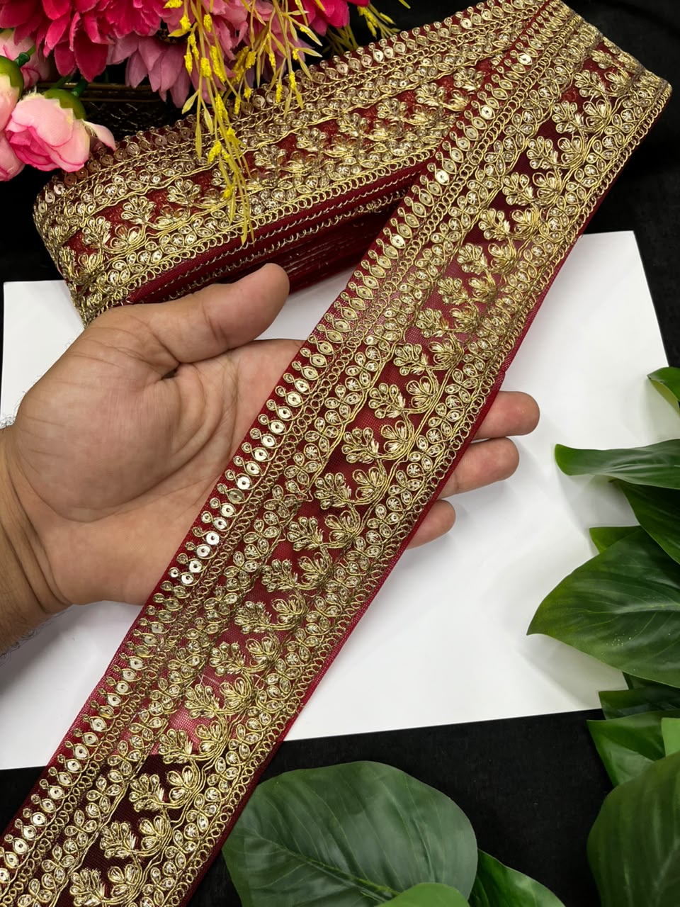 Golden Zari Embroidered Lace for Sarees, Lehengas & Dupattas – Premium Designer Embroidered Lace Border for Boutique Owners & Fashion Designers (3 Inch) | Maroon