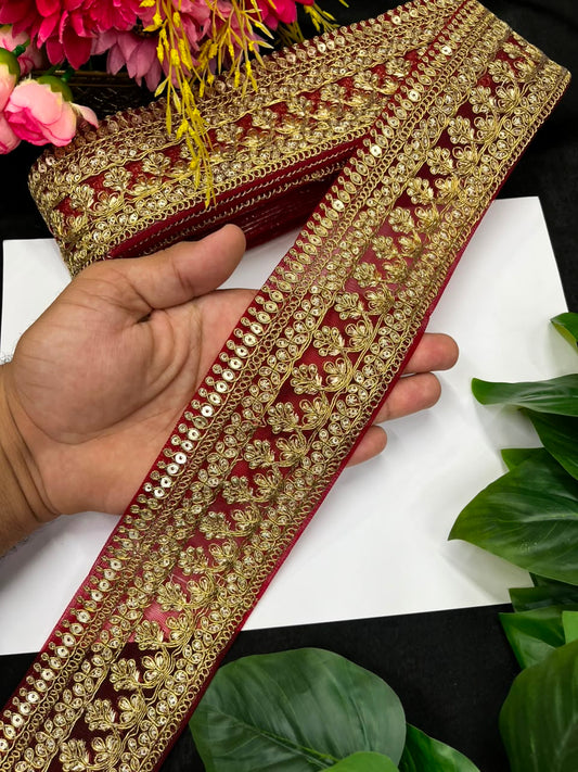 Golden Zari Embroidered Lace for Sarees, Lehengas & Dupattas – Premium Designer Embroidered Lace Border for Boutique Owners & Fashion Designers (3 Inch) | Maroon