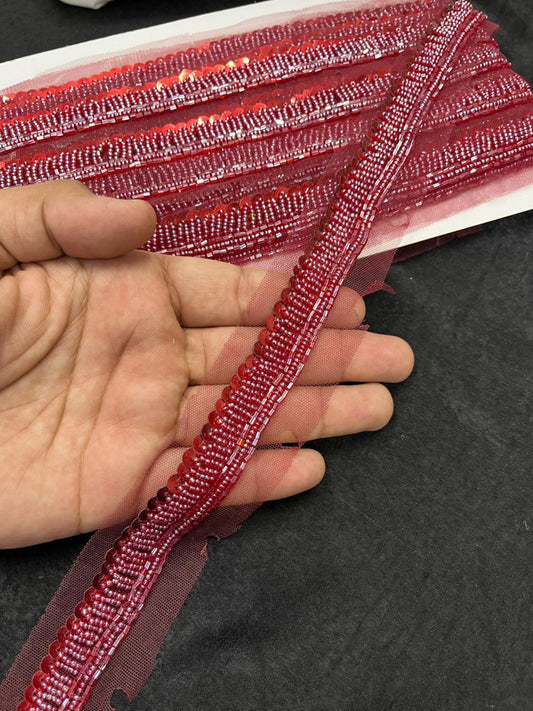 Beautiful Handcrafted Lace Trim for Sarees, Kurtis & Dresses – Decorative Handmade Embroidery Lace Border | Maroon