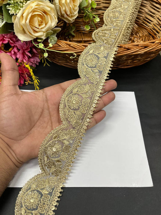 Scalloped Golden Zari Embroidered Saree Lace – Premium Gold Embroidery Border Trim for Sarees, Lehengas & Dupattas (9 Meter, 2 Inch Width) | Mat Gold