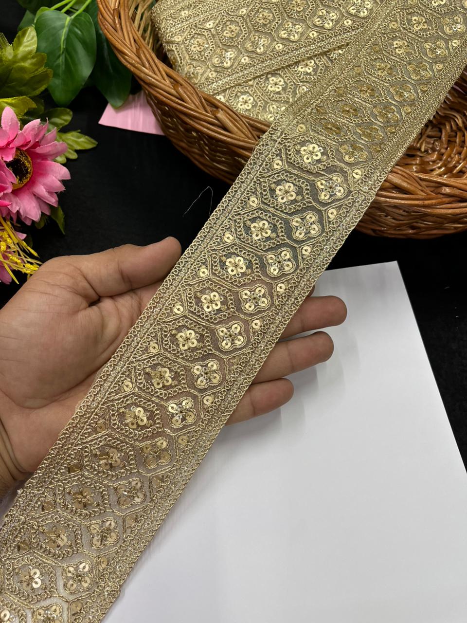 Gold Embroidered Sequins Zari Lace – Premium Designer Gold Embroidered Lace | Mat Gold