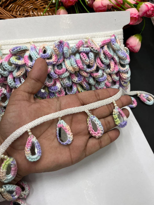 Crochet Mirror Hanging Laces – Handmade Latkan Border Trim for Sarees, Dupattas & Ethnic Wear (9 Meter) | Multi