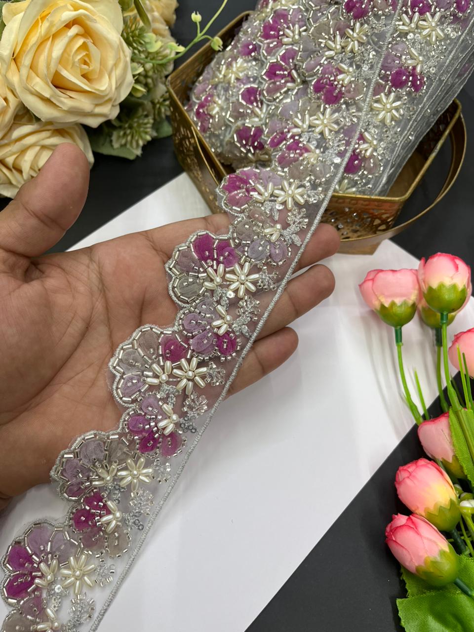 Luxurious Flower Design Imported Lace Trims – Premium 2.5 Inch Decorative Border for Sarees, Blouses & Ethnic Wear (9 Meter) | Multi 1