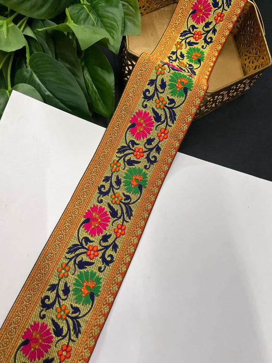 Beautiful Banarasi Lace Border – 9 Meters, 3-Inch Wide Zari Embroidered Trim for Sarees, Dupattas & Lehengas | Multi 2