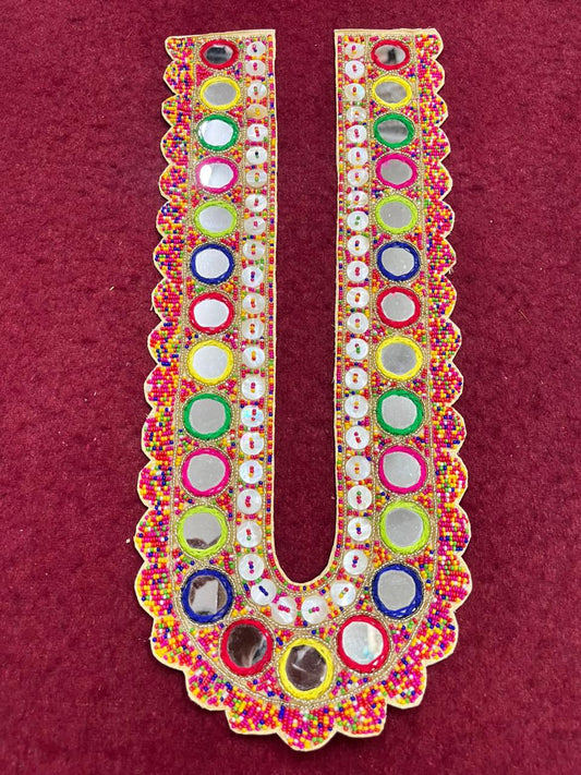 Multicoloured Mirror Work Neck Patch for Dresses & Kurtis – Designer Handcrafted Embellished Neck Applique | Multi 2