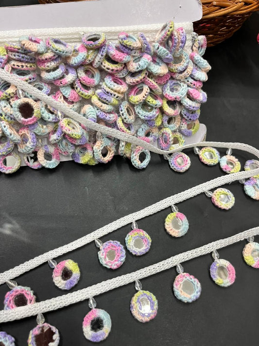 Crochet Mirror Hanging Laces – Handmade Latkan Border Trim for Sarees, Dupattas & Ethnic Wear (9 Meter) | Multi3