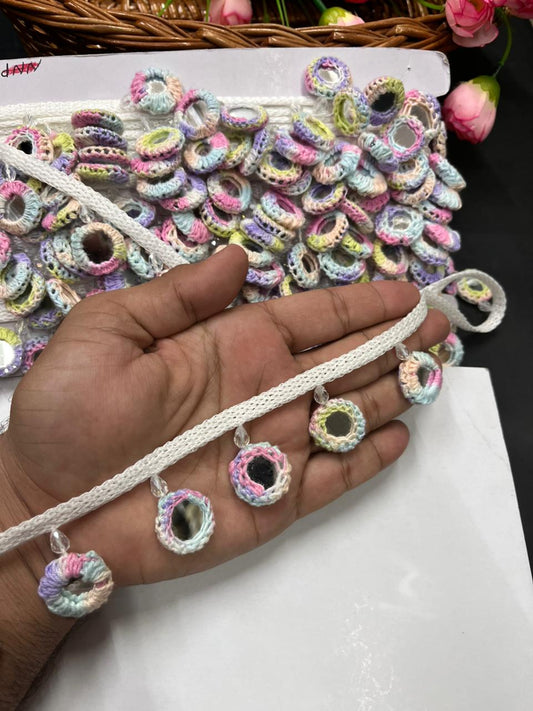 Crochet Mirror Hanging Laces – Handmade Latkan Border Trim for Sarees, Dupattas & Ethnic Wear (9 Meter) | Multi3