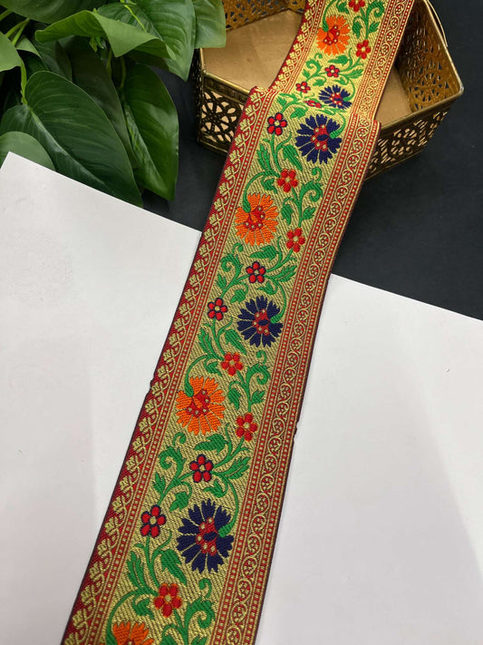 Beautiful Banarasi Lace Border – 9 Meters, 3-Inch Wide Zari Embroidered Trim for Sarees, Dupattas & Lehengas | Multi 4