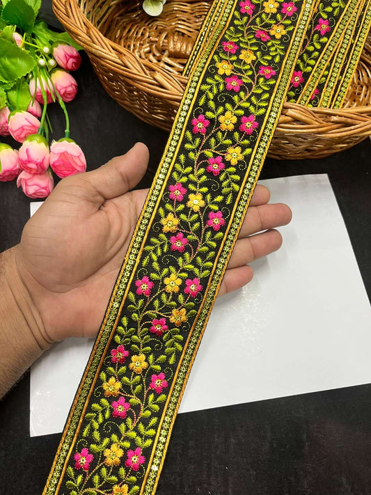 Exclusive Multicoloured Kashmiri Lace & Borders – Premium Thread Embroidered Trim for Sarees, Lehengas & Dupattas (9 Meter, 3 Inch Width) | Multi 4