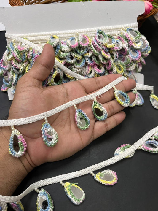 Crochet Mirror Hanging Laces – Handmade Latkan Border Trim for Sarees, Dupattas & Ethnic Wear (9 Meter) | Multi4