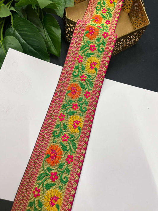 Beautiful Banarasi Lace Border – 9 Meters, 3-Inch Wide Zari Embroidered Trim for Sarees, Dupattas & Lehengas | Multi 6