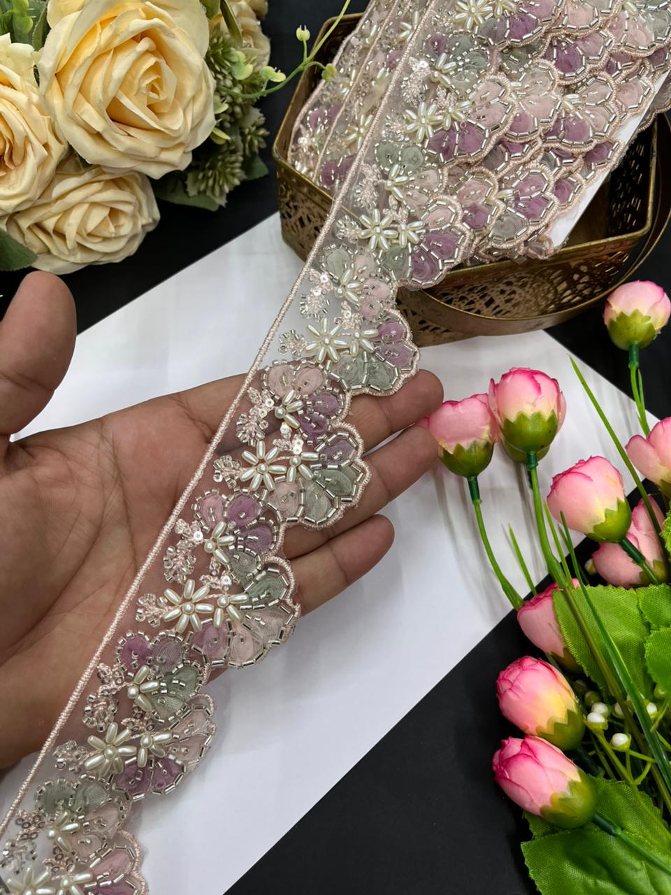 Luxurious Flower Design Imported Lace Trims – Premium 2.5 Inch Decorative Border for Sarees, Blouses & Ethnic Wear (9 Meter) | Multi 8