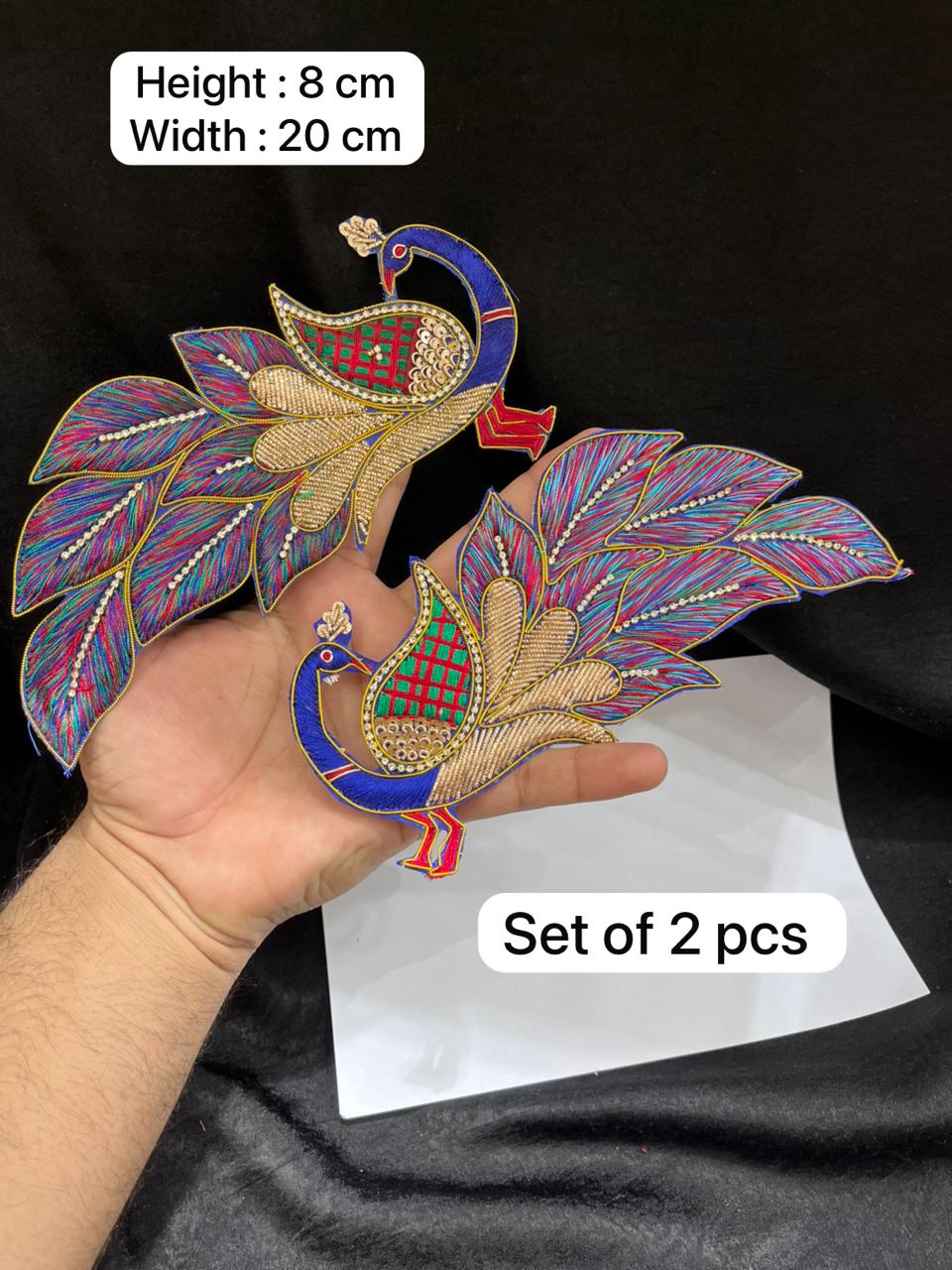 Handcrafted Zardozi Peacock Applique for Blouses – Designer Embroidered Peacock Patch Set (2 Pieces) | Multicolor