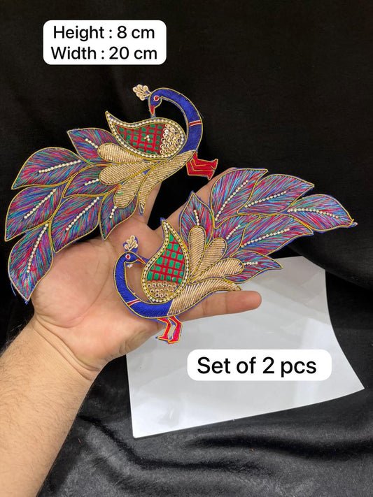 Handcrafted Zardozi Peacock Applique for Blouses – Designer Embroidered Peacock Patch Set (2 Pieces) | Multicolor
