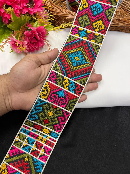Beautiful Thread Embroidered Kashmiri Lace for Sarees, Kurtis & Dresses – Designer Ethnic Embroidery Lace Border (3 Inch) | Multi