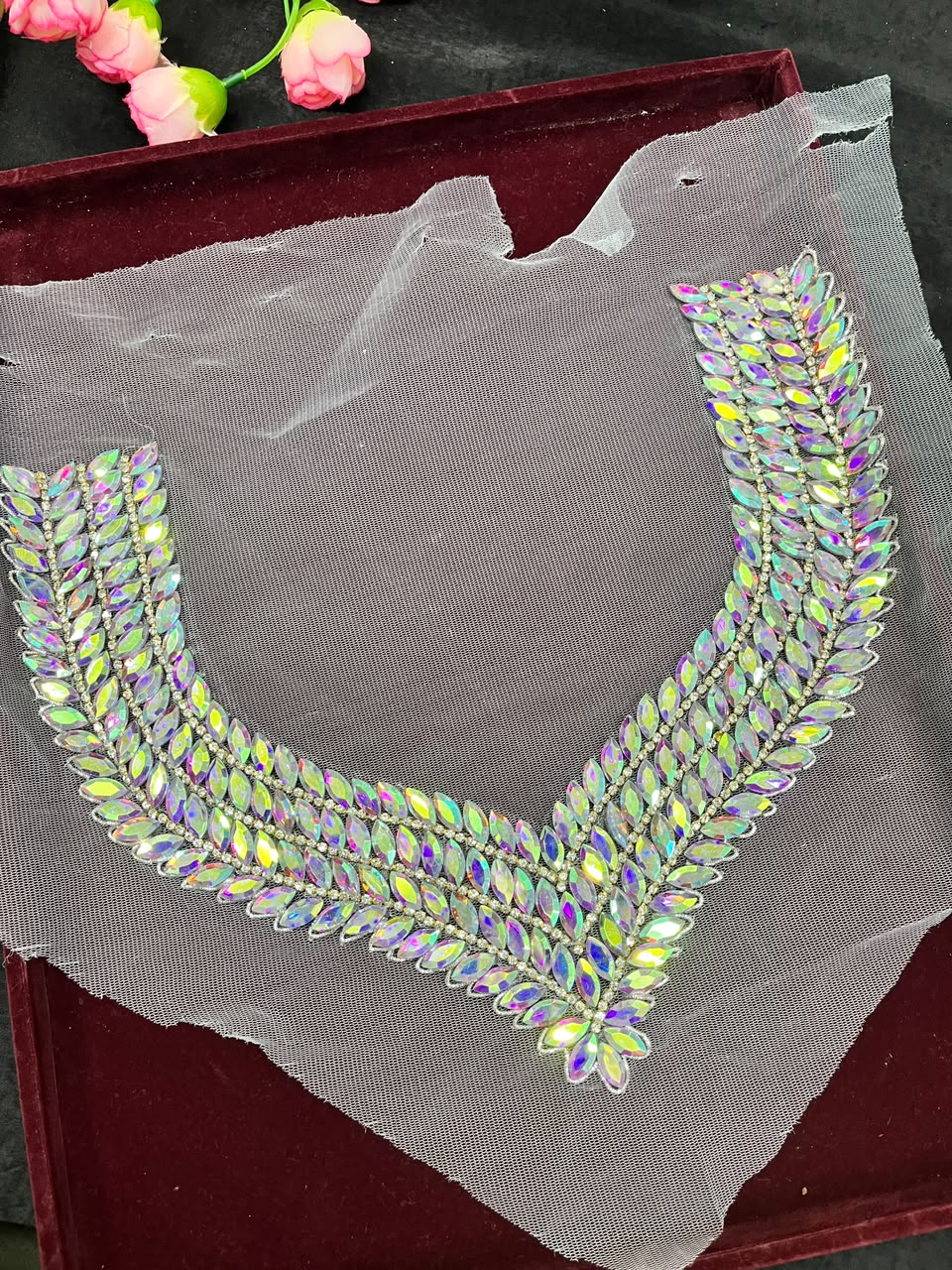 Handmade Crystal Neck Patch for Kurtis, Dresses & Blouses – Designer Handcrafted Crystal Embellished Neckline Applique | DC1041 | Multi