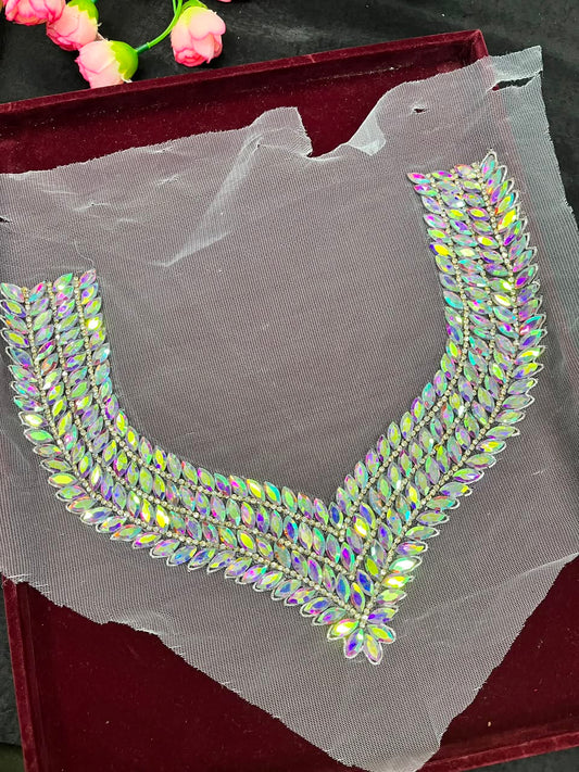 Handmade Crystal Neck Patch for Kurtis, Dresses & Blouses – Designer Handcrafted Crystal Embellished Neckline Applique | DC1041 | Multi