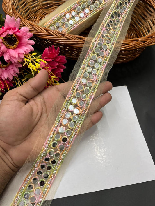 Real Mirror Work Laces & Trims – Designer Mirror Embroidered Borders for Sarees, Lehengas & Dupattas (9 Meter, 1.5 Inch Width) | Multi