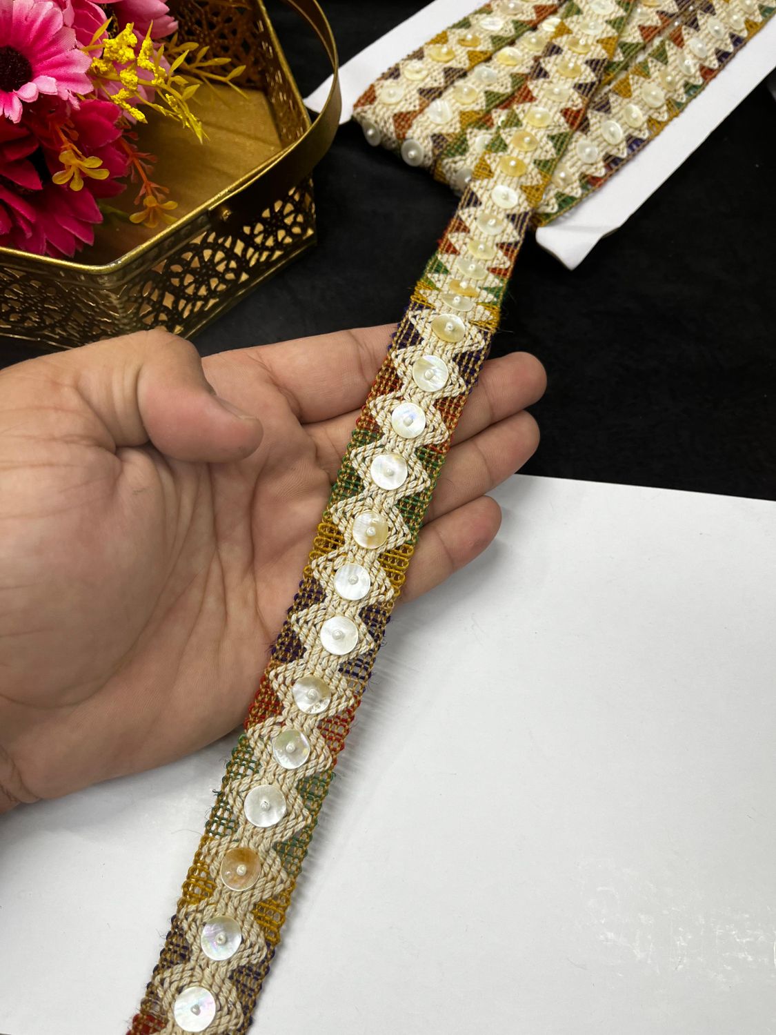 Beautiful Button Lace – Elegant Imported Border Trim for Sarees, Dupattas & Gowns (9 Meter, 1 Inch Width) | Multi