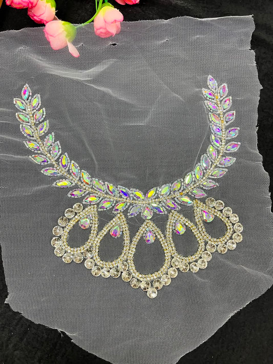 Handmade Crystal Neck Patch for Kurtis, Dresses & Blouses – Designer Handcrafted Crystal Embellished Neckline Applique | DC1042 | Multi