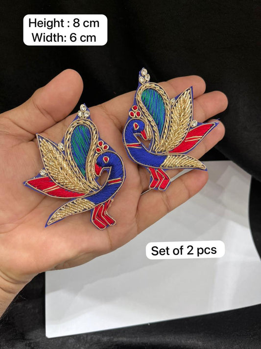 Handcrafted Zardozi Peacock Applique for Blouses – Designer Embroidered Peacock Patch Set (2 Pieces) | Multicolour