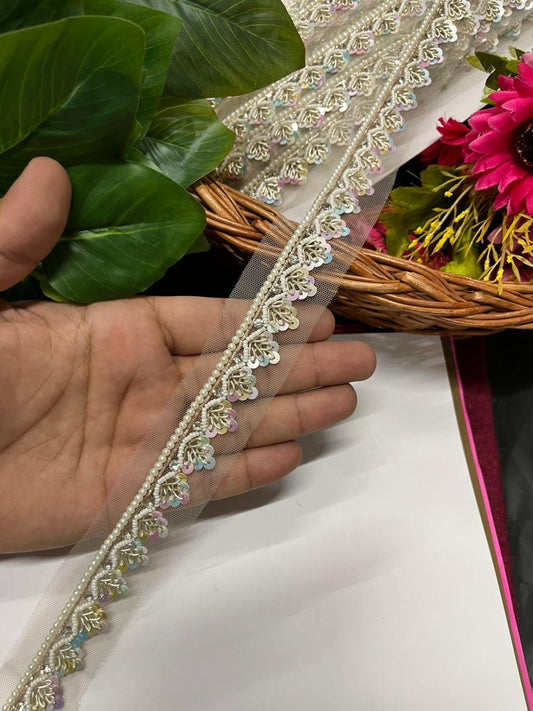 Exclusive Sequins Work with Pearl Handcrafted Lace for Sarees, Lehengas & Blouses – Premium Designer Handmade Lace Border (1 Inch) | Multi