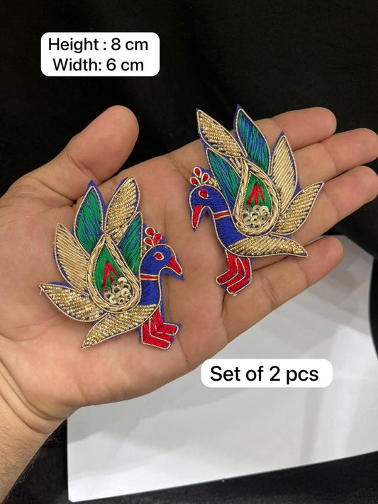 Handcrafted Zardozi Peacock Applique for Blouses – Designer Embroidered Peacock Patch Set (2 Pieces) | Multicoloured
