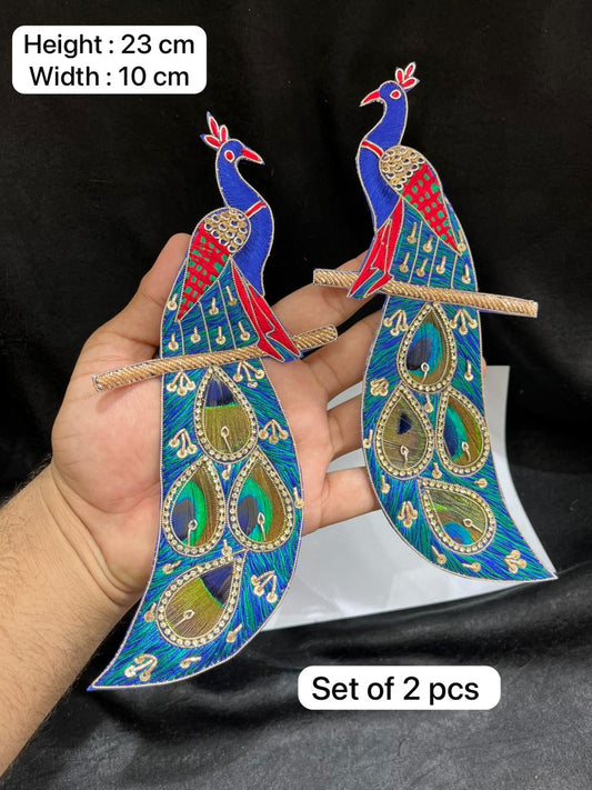 Handcrafted Zardozi Peacock Applique for Blouses – Designer Embroidered Peacock Patch Set (2 Pieces) | Multi 1