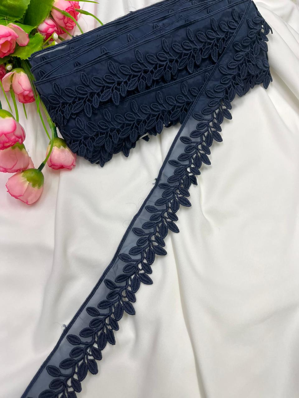 Beautiful Imported Organza Lace Trim for Sarees, Dresses & Kurtis – Designer Soft Organza Lace Border (1.5 Inch) | Navy Blue
