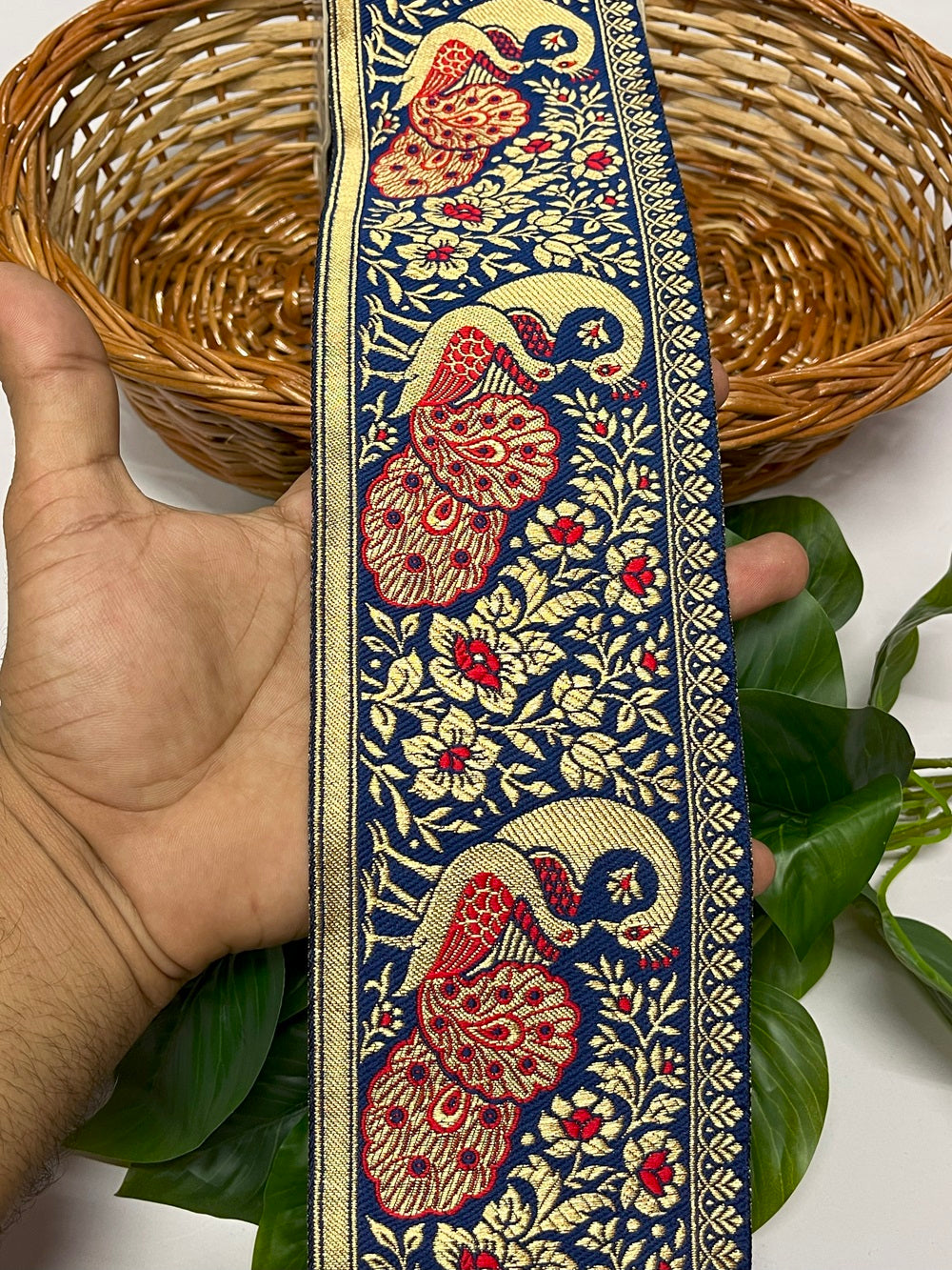 Peacock Design Banarasi Border – 9 Meter, 4 Inches Width – Traditional Banarasi Lace, Navy Blue