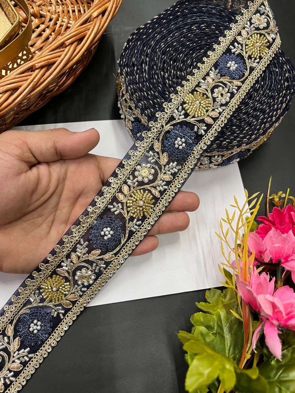 Beaded Bridal Laces Collection – Premium Maggam Work Designer Borders for Sarees, Lehengas & Dupattas (9 Meter, 2 Inch Width) | Navy Blue
