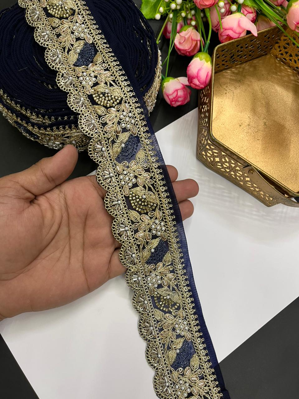 Designer Beaded Net Based Maggam Work Lace for Sarees – Premium 2 Inch Hand-Embellished Border for Lehengas & Bridal Wear (9 Meter) | Navy Blue