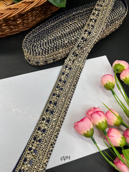 Gorgeous Diamond Work Lace & Borders – Premium Maggam Work Trim for Sarees, Lehengas & Dupattas (9 Meter, 2 Inch Width) | Navy Blue