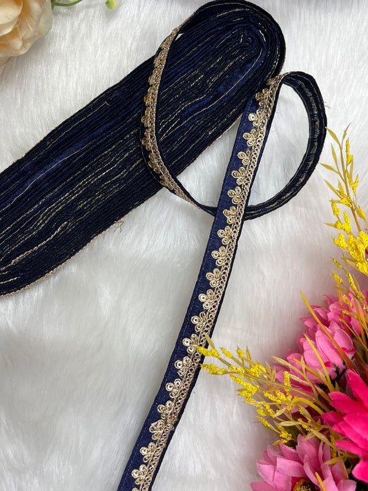 Embroidered Designer Lace, Indian Wedding Trims, Saree Border, Lace Reel 9 Meter (0.5 Inch Width) | Navy Blue
