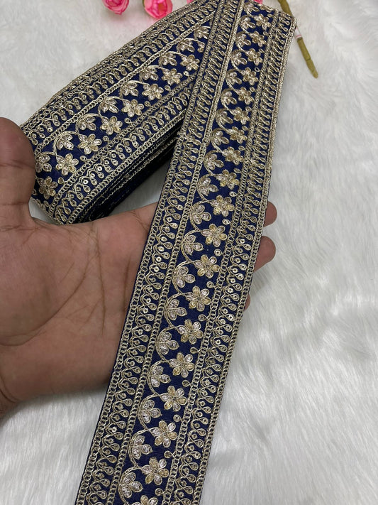 Elegant Embroidered Designer Lace Border – 9 Meter Roll, 2.5 Inch Wide for Sarees, Dresses, and Crafts | Navy Blue