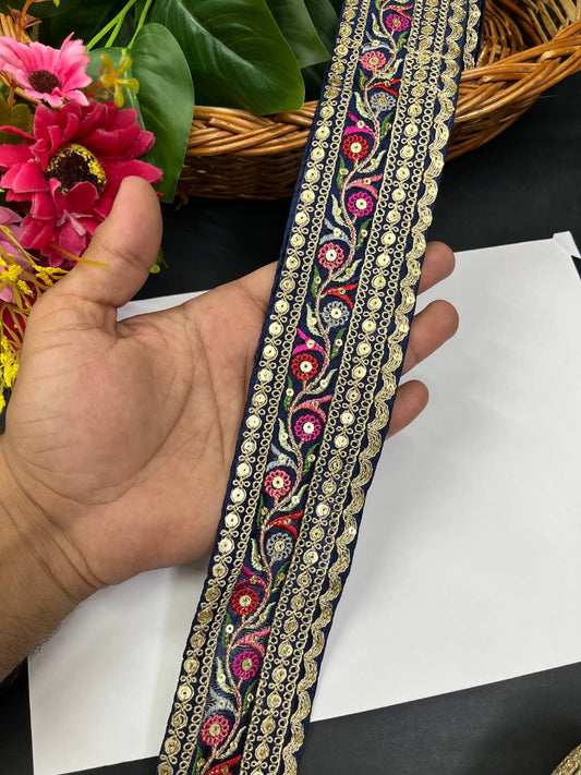 Sabyasachi Inspired Embroidery Lace Border for Sarees & Lehengas (9 Meter) – 2 Inch Width | Navy Blue