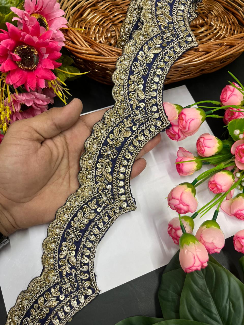 Scalloped Maggam Work Saree Borders – Premium Designer Maggam Lace Border for Ethnic Wear | Navy Blue