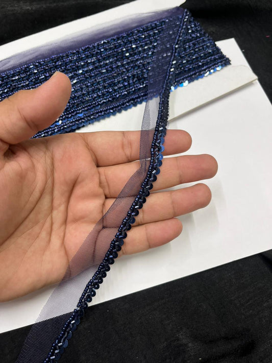 Handmade Sequins Lace Trim for Sarees, Blouses & Dresses – Narrow Handwork Embroidered Lace Border (1 cm) | Navy Blue