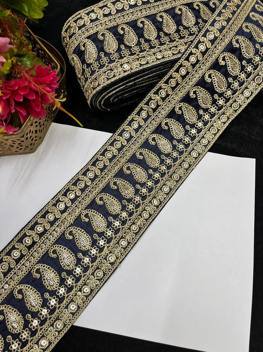 Sabyasachi Inspired Embroidered Lace Border for Sarees, Lehengas & Dupattas – Designer Wide Ethnic Lace Trim (4 Inch) | Navy Blue